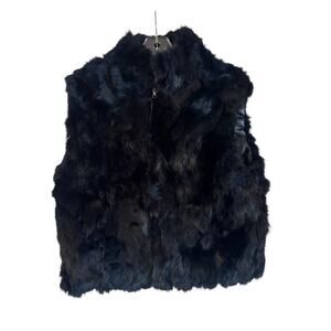 Vintage Leather Womens Rabbit Fur Black Vest Lined Zip Up Pockets Size XL